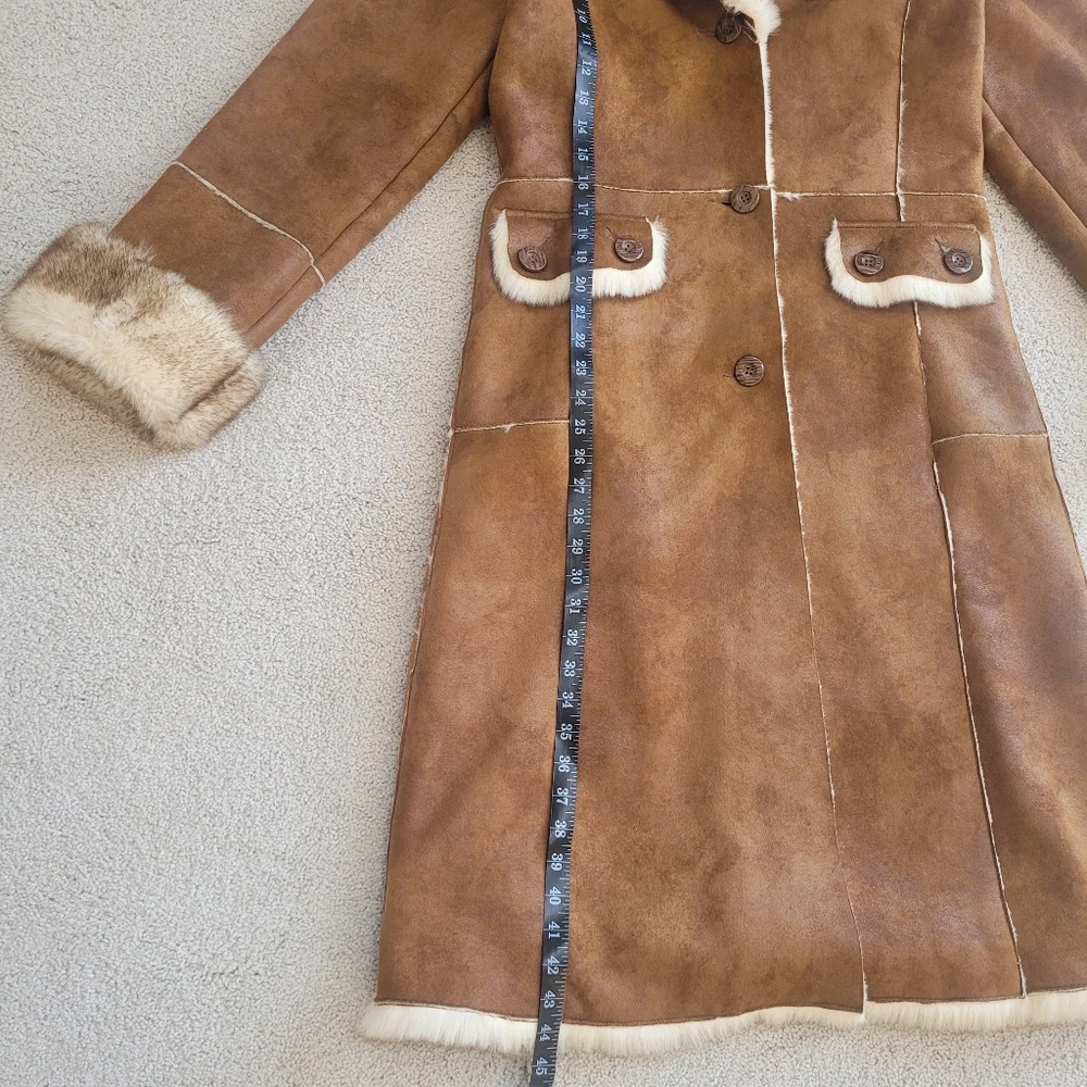 Stunning WILSONS Brown Long Faux Suede Fur Trim Sherpa Shearling Coat Y2K Sz M - Picture 10 of 12